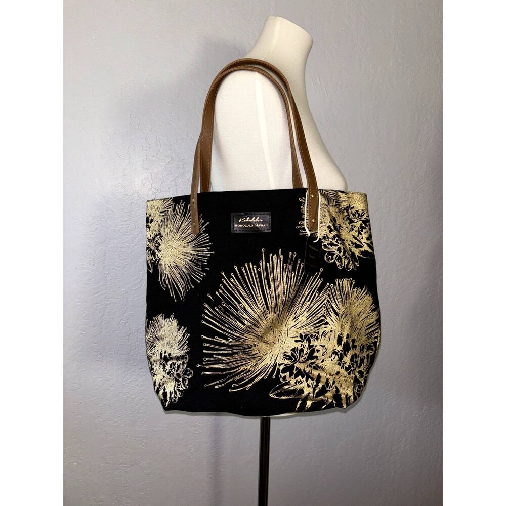 NWT Kahulale'a Ohia Lehua Tote Bag Purse Black Gold Aloha Hawaii